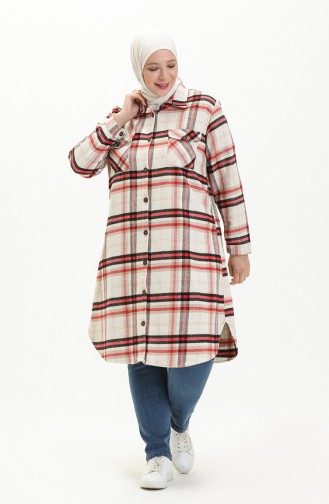 Plus Size Buttoned Flannel Tunic 2002-03 Cream Red 2002-03
