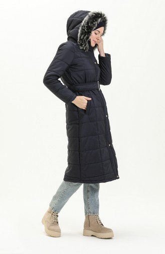 Fur Hooded Quilted Coat 516522-02 Dark Blue 516522-02