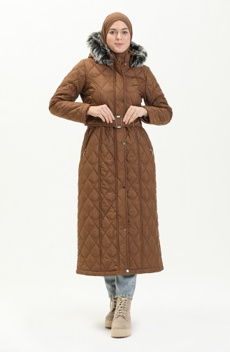 Fur Detail Belted Quilted Coat 504223-02 Tan 504223-02
