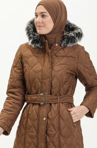 Fur Detail Belted Quilted Coat 504223-02 Tan 504223-02