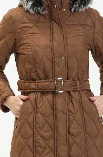 Fur Detail Belted Quilted Coat 504223-02 Tan 504223-02