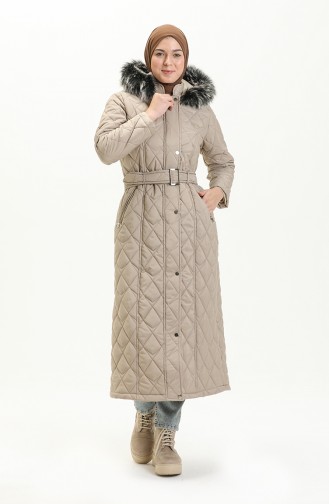 Fur Detail Belted Quilted Coat 504223-04 Stone 504223-04