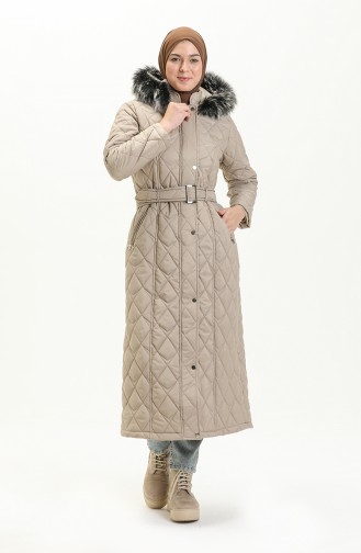 Earthquake Solidarity Mobilization - Fur Detailed Quilted Coat 504223-04 Stone 504223-04