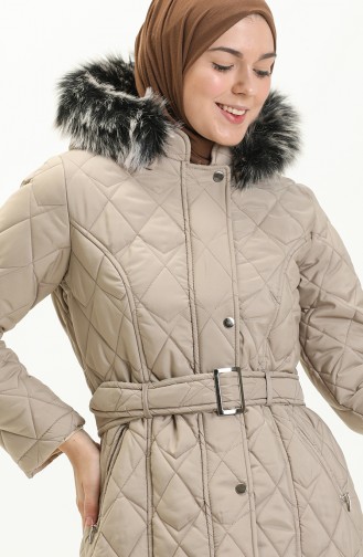 Fur Detail Belted Quilted Coat 504223-04 Stone 504223-04