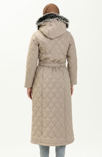 Fur Detail Belted Quilted Coat 504223-04 Stone 504223-04