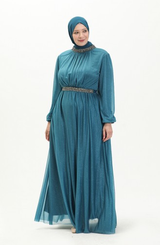 Petrol Blue Hijab Evening Dress 5501-28