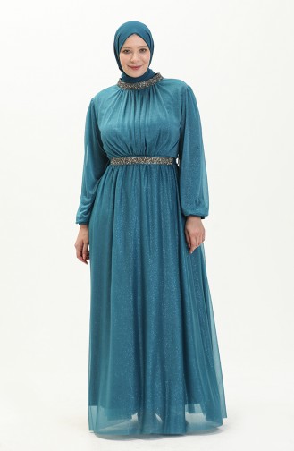 Petrol Blue Hijab Evening Dress 5501-28