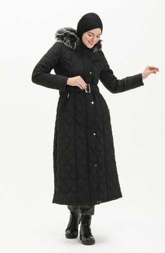 Manteau Matelassé à Ceinture en Fourrure 504223-01 Noir 504223-01