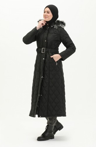 Manteau Matelassé à Ceinture en Fourrure 504223-01 Noir 504223-01