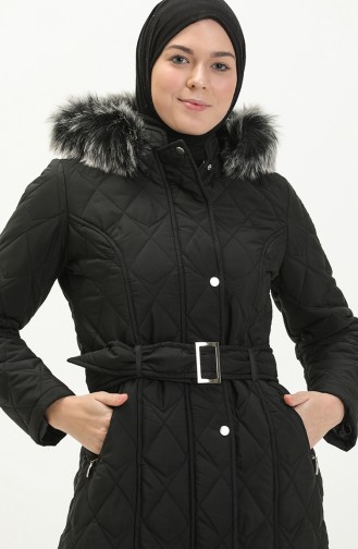 Manteau Matelassé à Ceinture en Fourrure 504223-01 Noir 504223-01