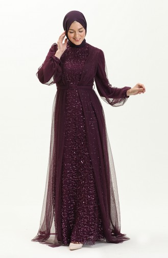 Sequined Belted Evening Dress 5383-20 Plum 5383-20