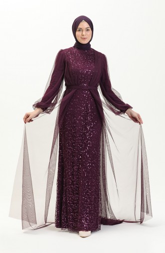 Sequined Belted Evening Dress 5383-20 Plum 5383-20