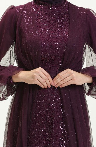 Sequined Belted Evening Dress 5383-20 Plum 5383-20