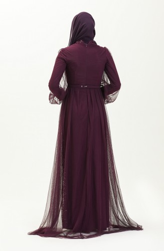 Sequined Belted Evening Dress 5383-20 Plum 5383-20