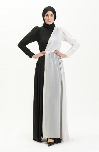 Renk Garnili Şifon Abiye Elbise 5606-01 Siyah Beyaz