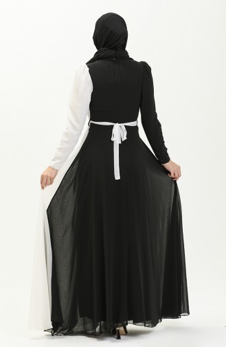Renk Garnili Şifon Abiye Elbise 5606-01 Siyah Beyaz