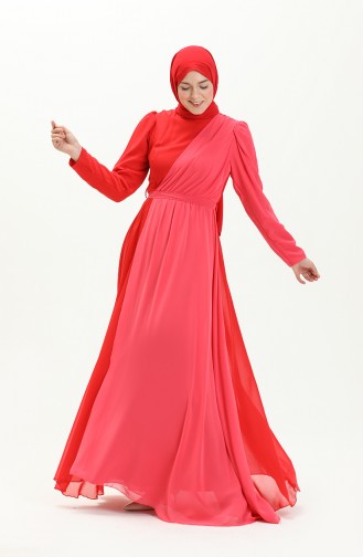 Renk Garnili Şifon Abiye Elbise 5606-02 Kırmızı Mercan