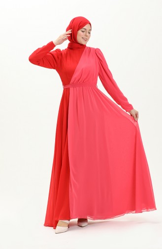 Coral Hijab Evening Dress 5606-02