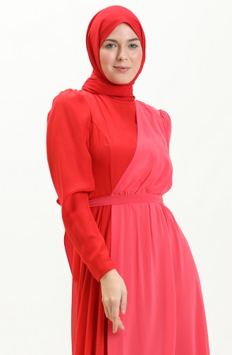 Renk Garnili Şifon Abiye Elbise 5606-02 Kırmızı Mercan