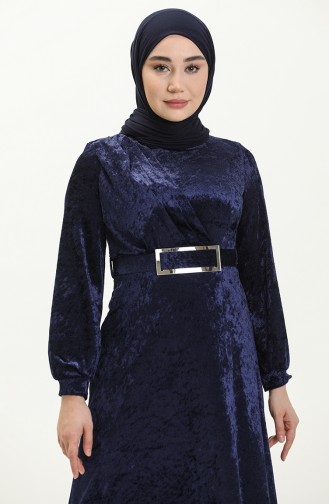Kemerli Kadife Elbise 4253-03 Lacivert