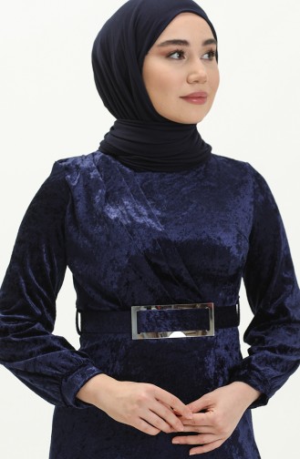 Kemerli Kadife Elbise 4253-03 Lacivert
