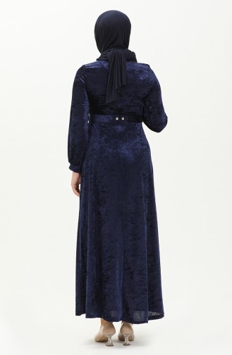 Kemerli Kadife Elbise 4253-03 Lacivert