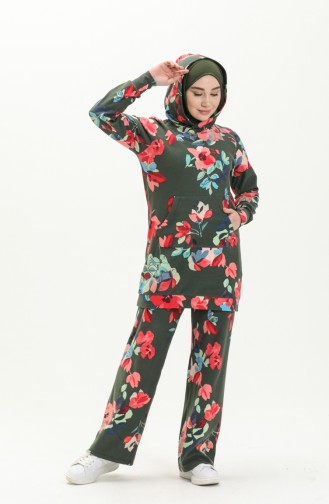 Kapüşonlu Tunik Pantolon İkili Takım 9003-01 Yeşil Nar Çiçeği
