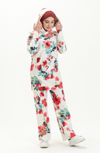 Kapüşonlu Tunik Pantolon İkili Takım 9003-02 Beyaz Nar Çiçeği