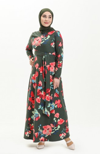 Dijital Baskılı Elbise 0123-01 Haki Nar Çiçeği