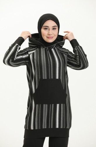 Kapüşonlu Tunik Pantolon İkili Takım 9003B-01 Siyah Beyaz