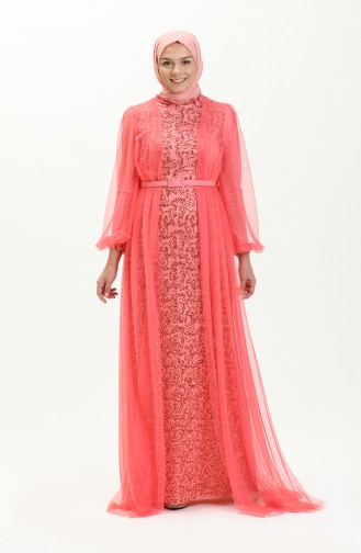 Coral Hijab Evening Dress 5383-15