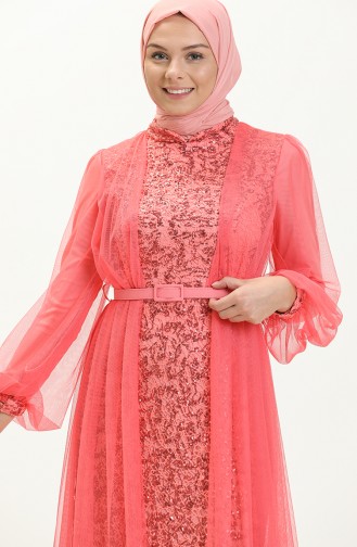 Coral Hijab Evening Dress 5383-15