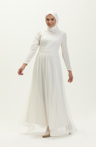 Ecru Hijab Evening Dress 5664-08