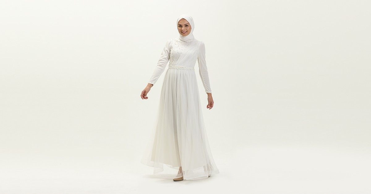 Ecru Hijab Evening Dress 5664-08 | Sefamerve Ecru Hijab Evening Dress 5664-08 | Sefamerve