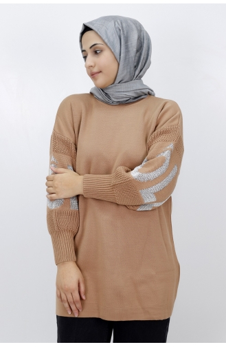 Kolu Yazi Detayli Triko Tunik 22157-05 Vizon