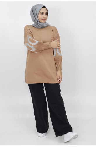 Kolu Yazi Detayli Triko Tunik 22157-05 Vizon
