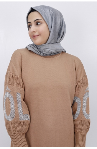 Kolu Yazi Detayli Triko Tunik 22157-05 Vizon