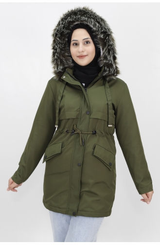 Peluş Detayli Bondit Kumaş Kisa Boy Kaban 006-03 Haki
