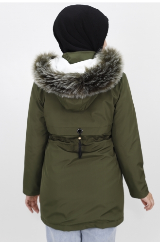 Peluş Detayli Bondit Kumaş Kisa Boy Kaban 006-03 Haki
