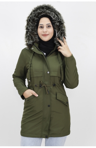 Peluş Detayli Bondit Kumaş Kisa Boy Kaban 006-03 Haki