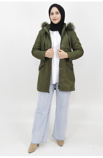 Peluş Detayli Bondit Kumaş Kisa Boy Kaban 006-03 Haki