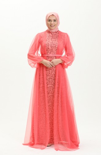 Coral Hijab Evening Dress 5383-15