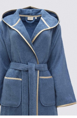 Ecocotton Ecosoft Kadın Bornoz 100 Organik Pamuk Armürlü Mavi