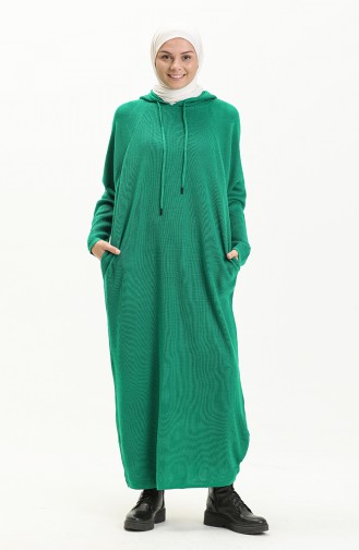 Triko Kapüşonlu Elbise 3256-17 Çimen Yeşili