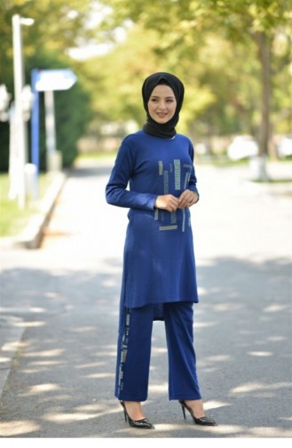 Taşlı Triko Kombin Saks 2274-5