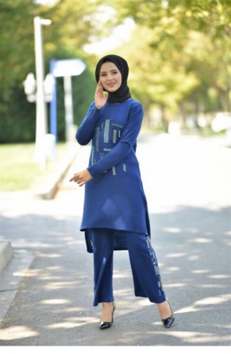 Taşlı Triko Kombin Saks 2274-5