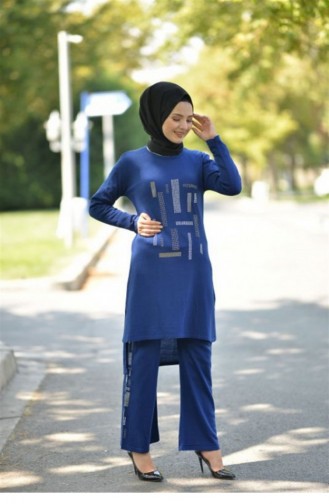 Taşlı Triko Kombin Saks 2274-5