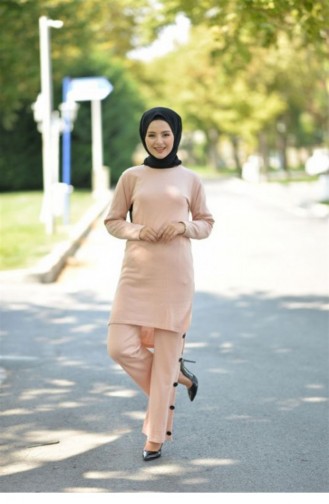 Boğazlı Triko Kombin Pudra 2267-1