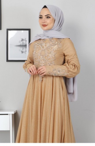 Gold Hijab Evening Dress 12527