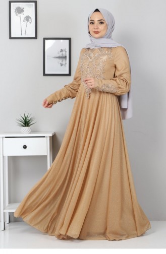 Gold Hijab Evening Dress 12527